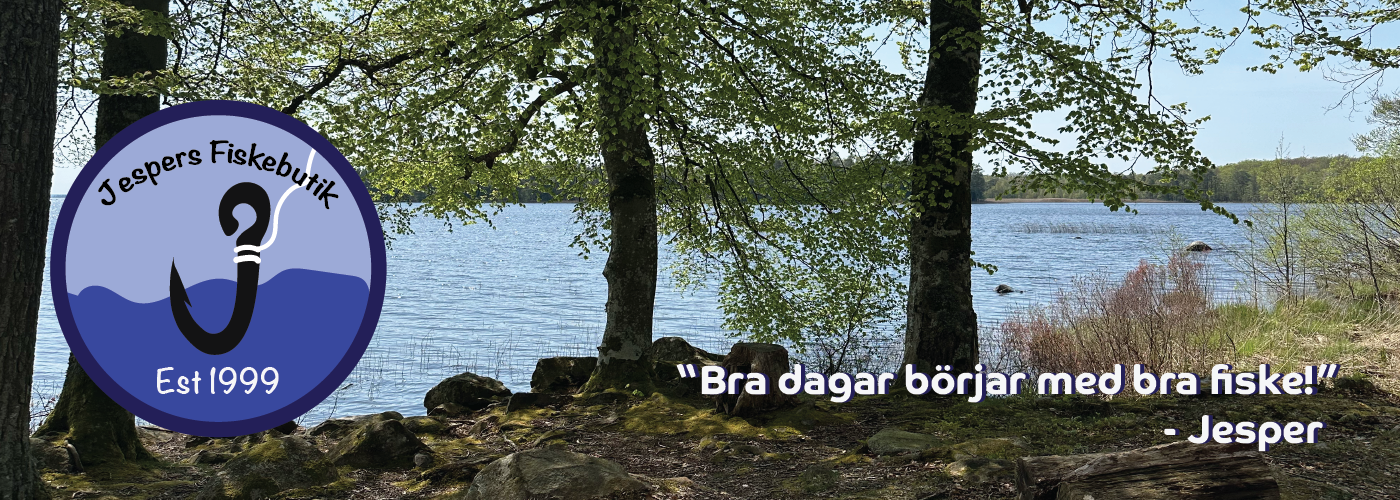 banner showing a lake with info about jespersfiskebutik